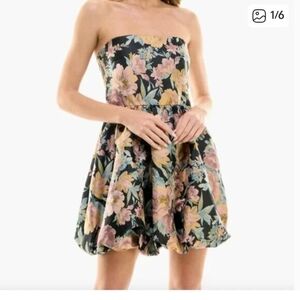 Socialite Strapless Black Floral Bubble-Hem Dress